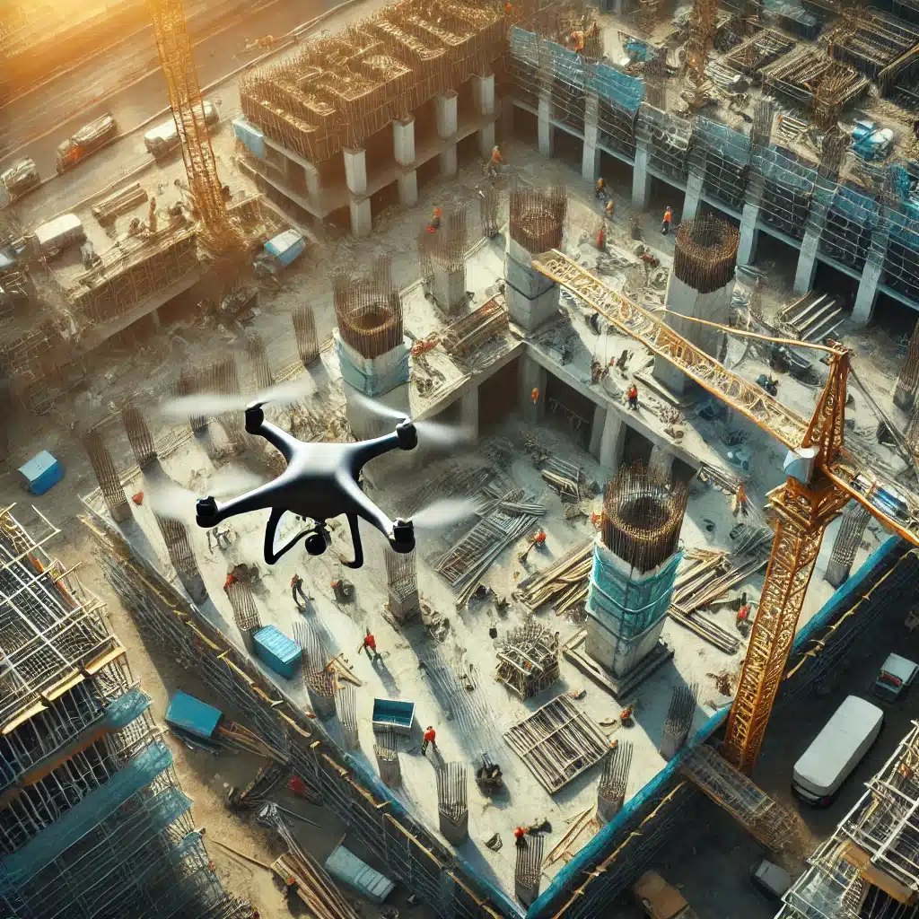 A drone capturing an aerial view of an active construction site, featuring cranes, scaffolding, and workers in motion. The drone is flying high above