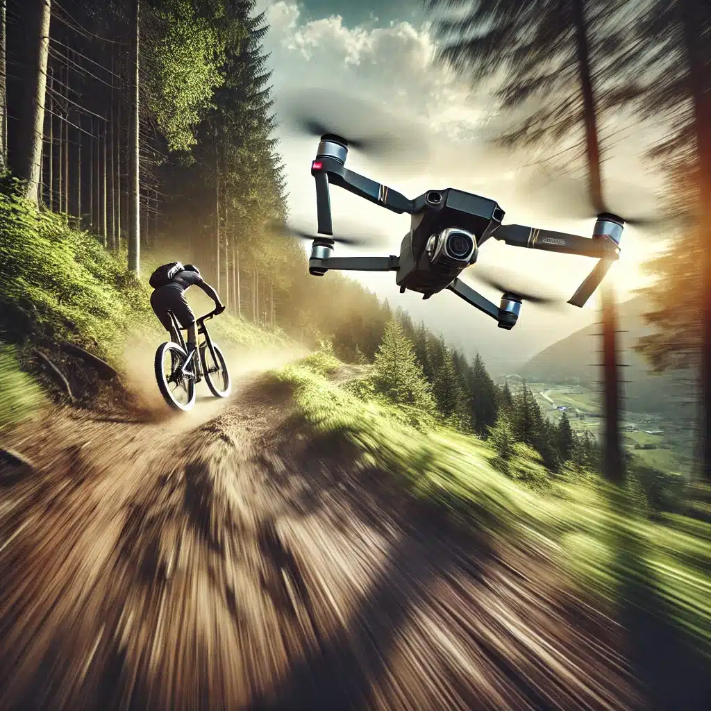 A fast-moving drone capturing dynamic FPV footage of a cyclist navigating a mountain trail. The scene showcases the drone's ability to capture